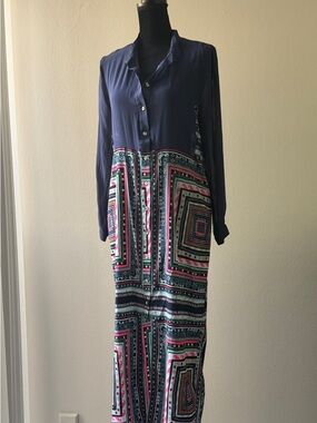 Mara Hoffman Navy Button-Up Maxi Dress with Geometric Print